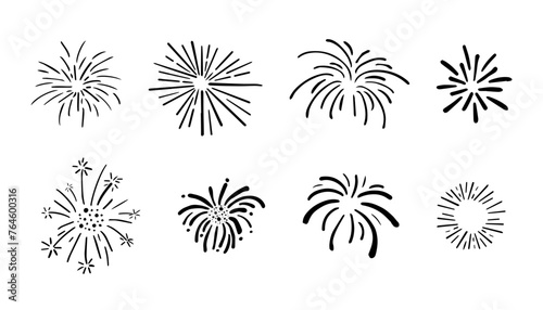 Set fireworks doodle line explosion radial sparkler with rays, hand drawn firecrackers simple and round decoration isolated on white background.