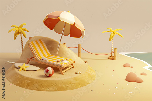 Sunbed, umbrella, ball, beach, sand, sea, palm trees, everything , yellow, blue, tones