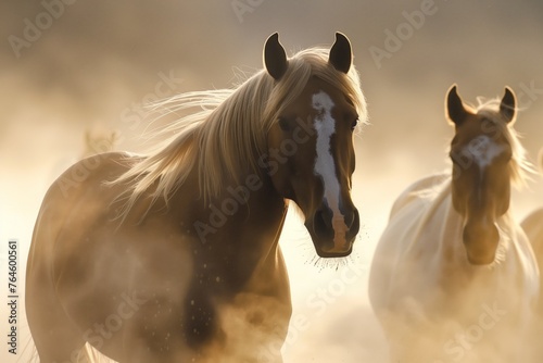 horses breaking through morning mist  their manes flowing