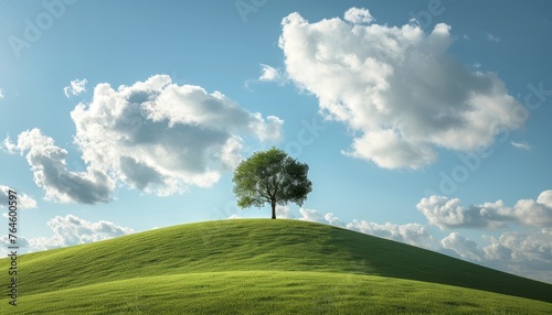 Lonely tree on top of green hill - Landscape illustration