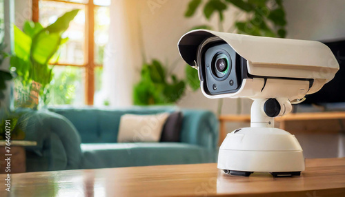 Close-up of a CCTV modern security camera above a wooden table in a living room, using for recording and monitoring the criminals scene. Generative Ai.