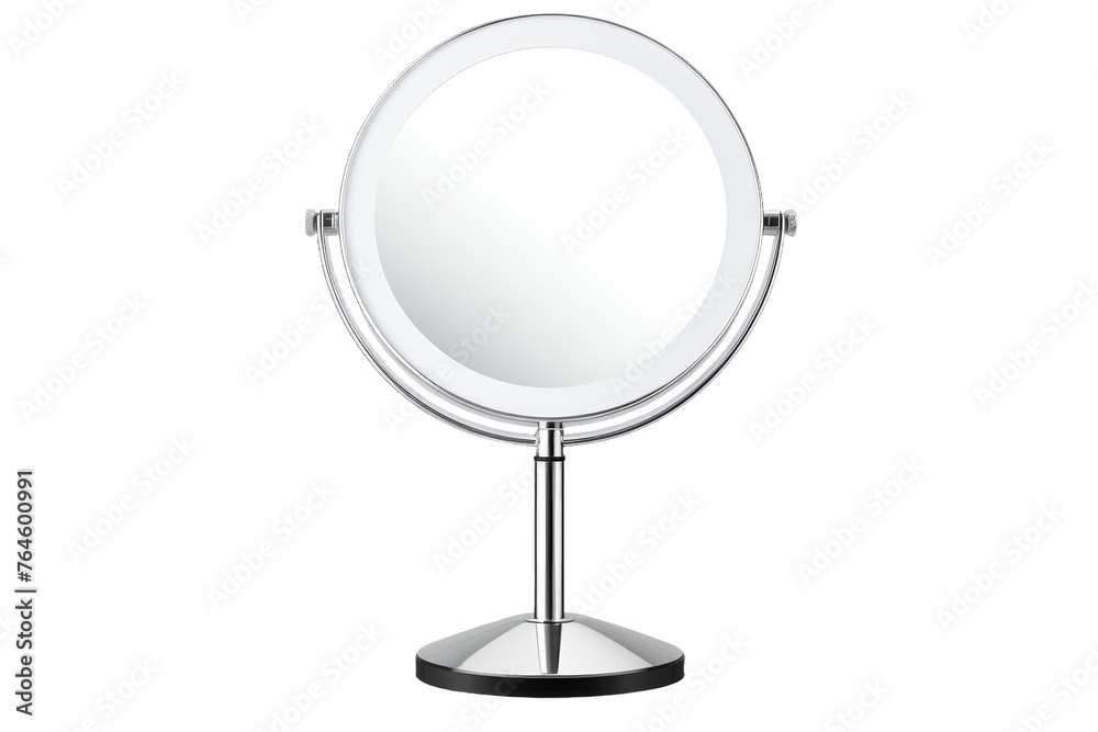 Cosmic Reflections: Captivating Round Mirror on a Metal Stand. On White or PNG Transparent Background.. Cosmic Reflections: Captivating Round Mirror on a Metal Stand. On White or PNG Transparent Background..