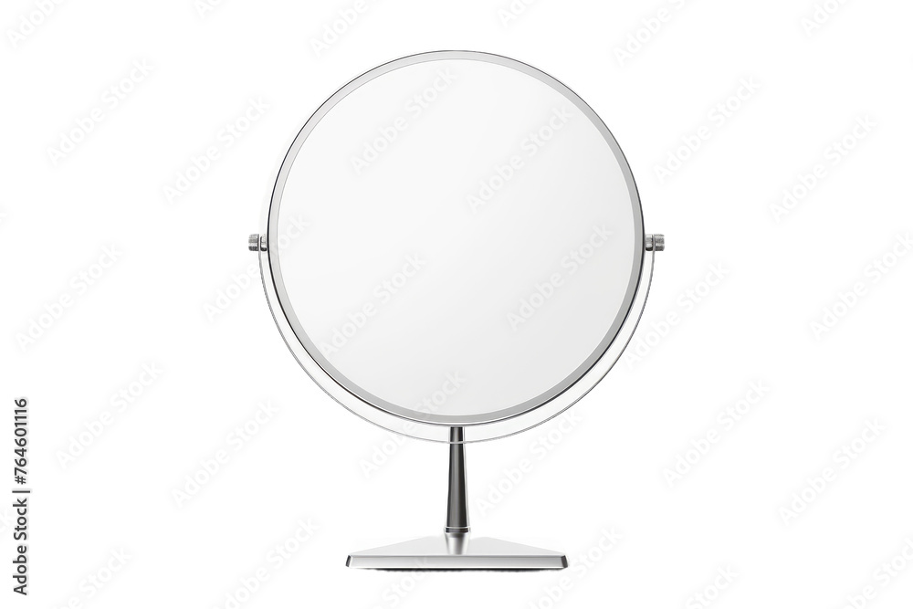 Orbital Elegance: A Metallic Stand Holding a Circular Mirror. On White or PNG Transparent Background.. Orbital Elegance: A Metallic Stand Holding a Circular Mirror. On White or PNG Transparent Background..