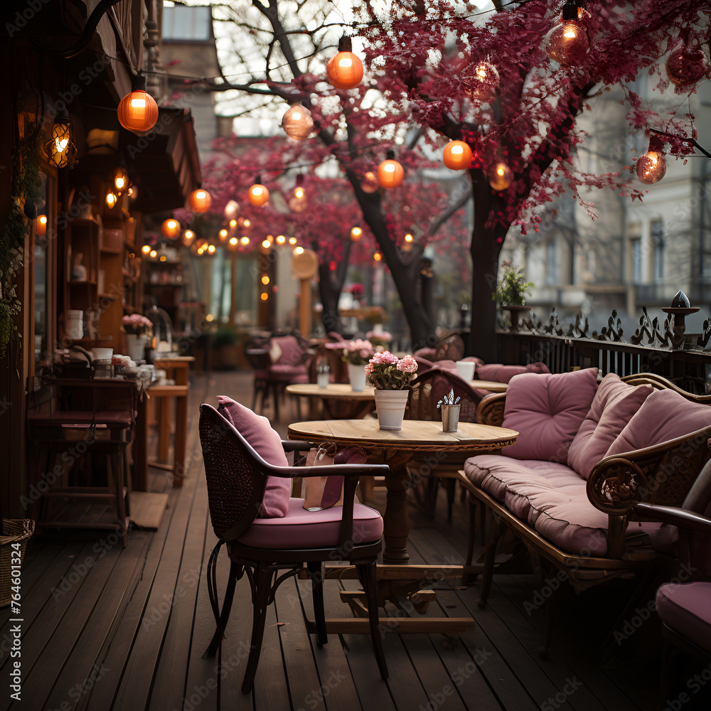 Restaurant terrace decorated in a romantic theme in shades of pink
