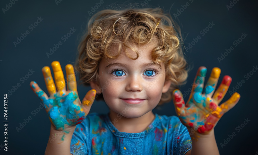 Child shows his hands covered in paint Child shows his hands covered in paint