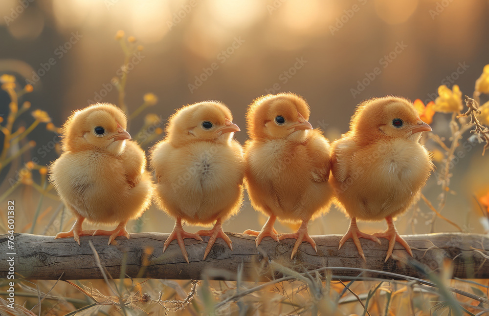 Four little chicks sitting on stick in the grass