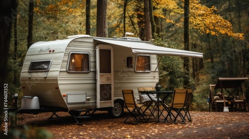 Cozy Trailer of mobile home stands in the forest in camping in fall near table