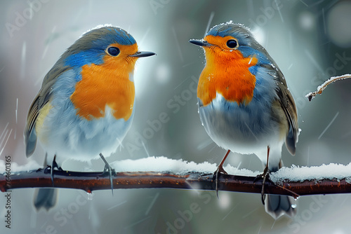 Two birds are perched on a branch, one is orange and the other is yellow. Concept of warmth and companionship between the two birds. hot vs cold bird on branch