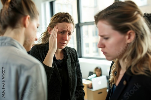 woman holding her forehead, coworkers with downturned eyes