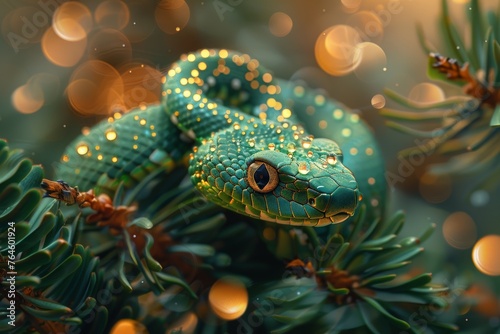 A green snake coiled up on a pine branch on a starry night background. Snake - symbol of 2025 year. New year greeting card. 
