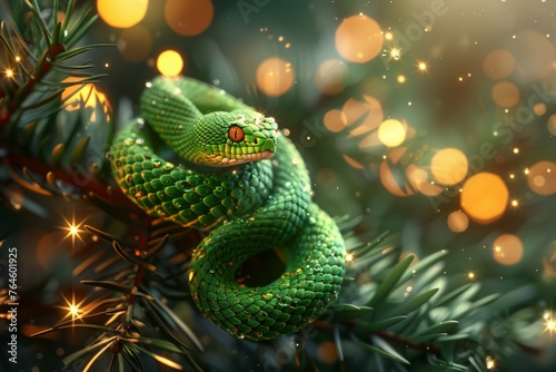 A green snake coiled up on a pine branch on a starry night background. Snake - symbol of 2025 year.  New year greeting card.  © Olga