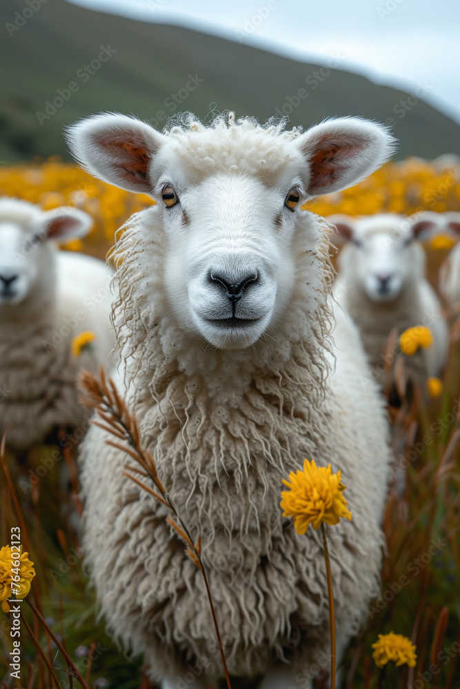Fototapeta premium Sheep standing in field of yellow flowers