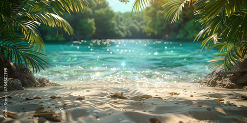 Beautiful background for summer vacation and travel. White sand of tropical beach, palm leaves and bokeh highlights on water on sunny day © Julia