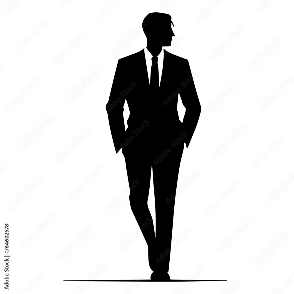 Silhouette of a professional person. Standing businessman black figure isolated on transparent or white background, vector illustration.