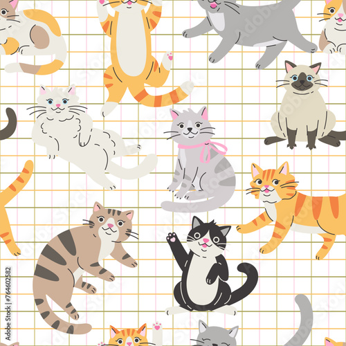 Seamless pattern with Cute funny cats. Lovely Kitten design.  Hand drawn trendy vector illustration. Adorable pet background.