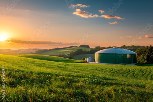 Biogas plant in rural area at sunset converting organic waste into bioenergy. Concept Biogas Plant, Rural Setting, Sunset, Organic Waste, Bioenergy photo