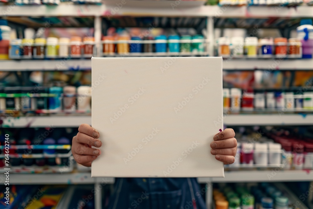 person holding a blank canvas in front of racks of paint