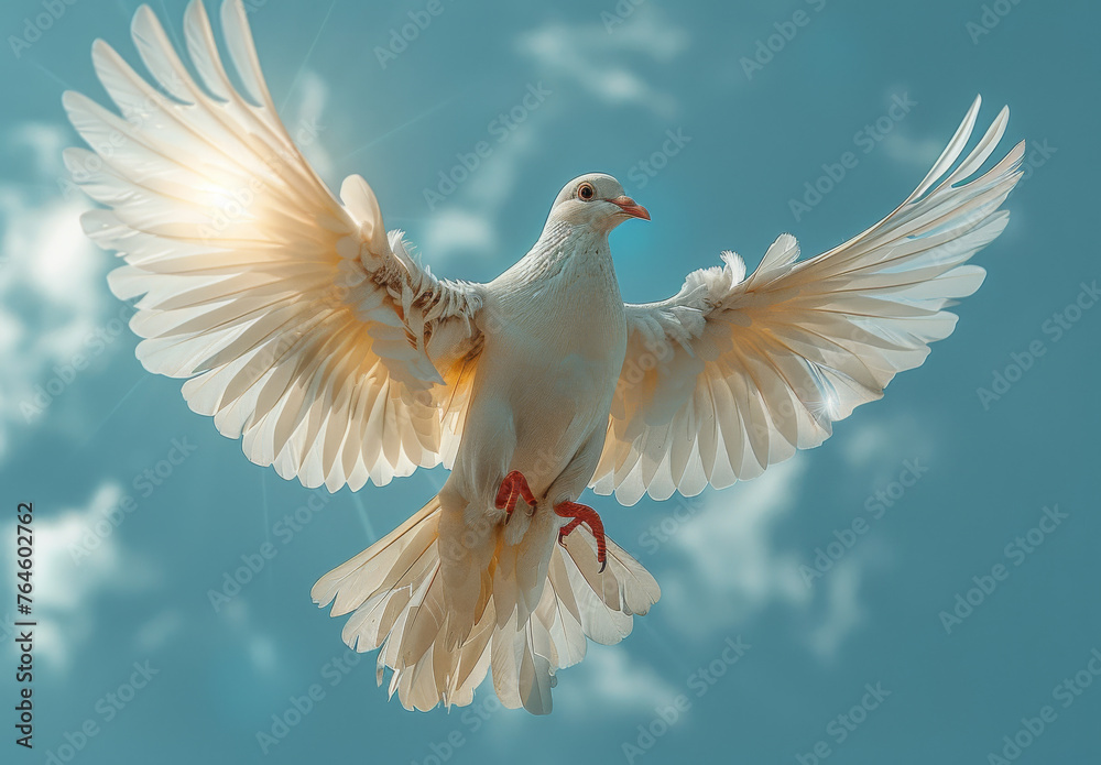 Obraz premium Dove in the air with wings wide open in-front of the sun
