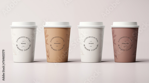 Coffee paper cups on white background with text space, font view