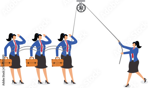 Illegal organizations, pyramid schemes, corporate management culture, dictatorial, domineering bosses manipulating employees, big hands pulling the strings to control businesswomen