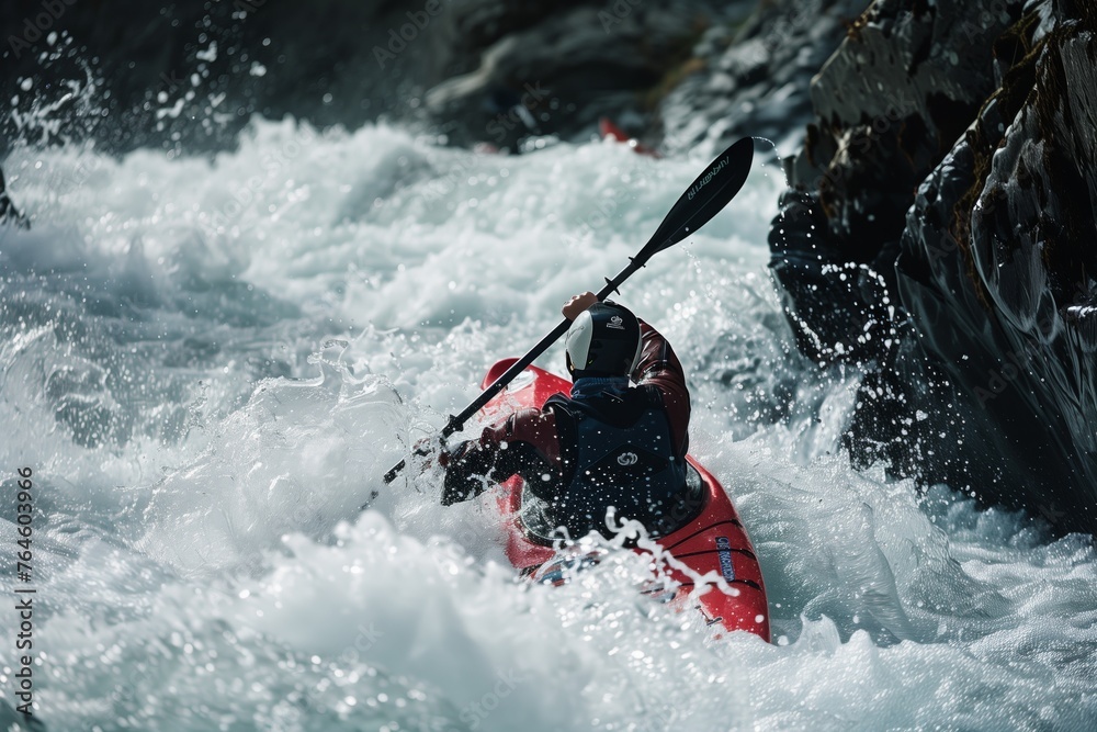 dynamic rear shot of a kayaker propelling through frothy rapids