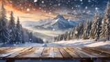 Wooden background from boards on the background of snowy mountains.