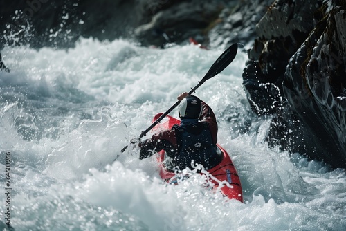 dynamic rear shot of a kayaker propelling through frothy rapids