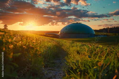 Biogas plant in rural setting at sunset converting organic waste into bioenergy. Concept Renewable Energy, Biogas Production, Sustainable Development, Rural Innovation, Sunset Views photo