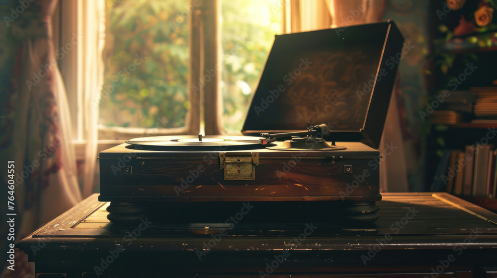 A brown antique record player sits on the table, A brown antique record player sits on the table,