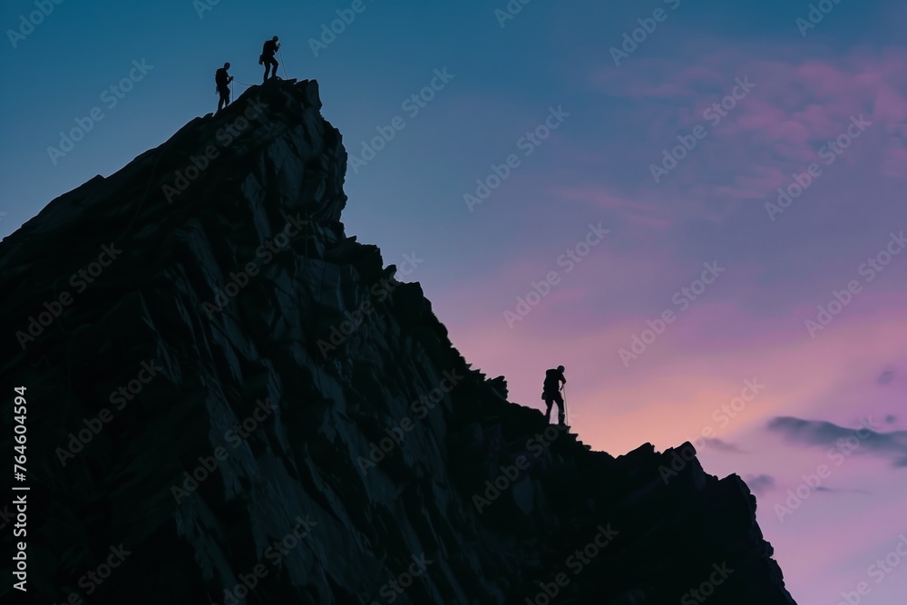 climbers silhouette on a high peak, dusk climbers silhouette on a high peak, dusk