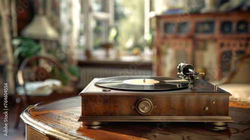 A brown antique record player sits on the table,
