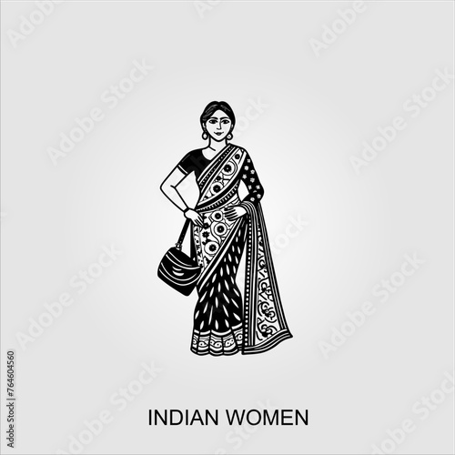 Indian women saree clipart Indian woman wearing bridal outfit. Black and white vector illustration 