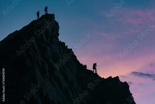 climbers silhouette on a high peak, dusk