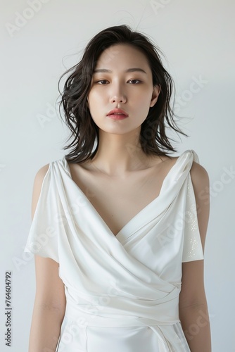 Portrait of a pretty young woman super model of Japanese ethnicity donning a glamorous white midi dress with a draped neckline, asymmetrical hemline, and subtle sequin detailing