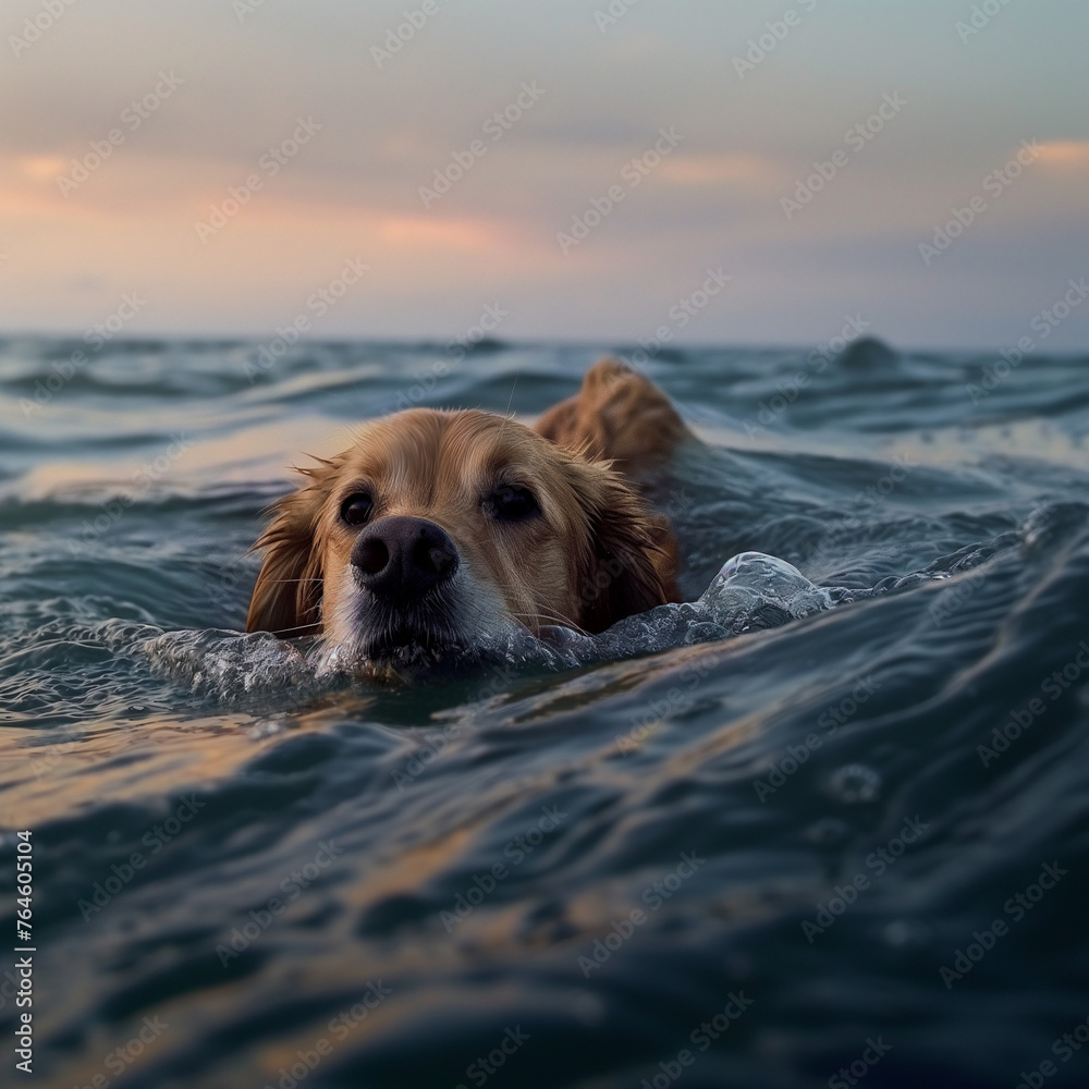 Dog swimming in sea, Dog in ocean, Dog in sea  - obrazy, fototapety, plakaty 