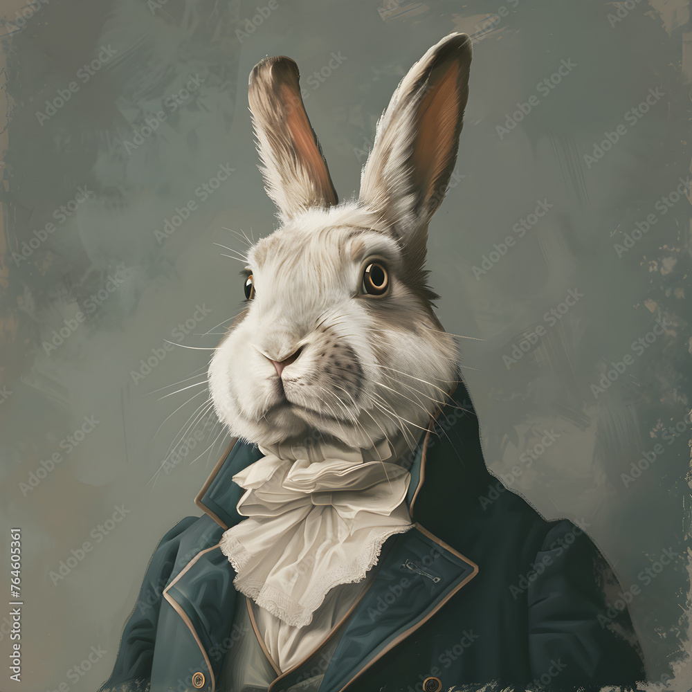A whimsical illustrated portrait of a wild animal dressed in elegant vintage clothes, the rabbit stands on two legs in a playful and imaginative scene.