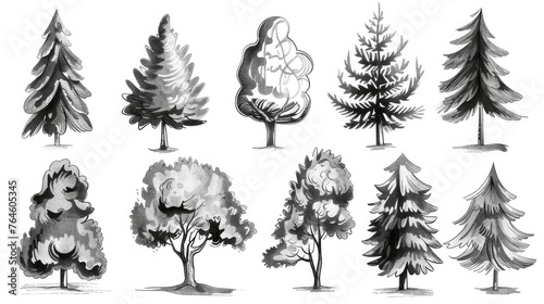 Set of beautiful hand drawn doodle pine trees  ink lines  black and white vector graphics.
