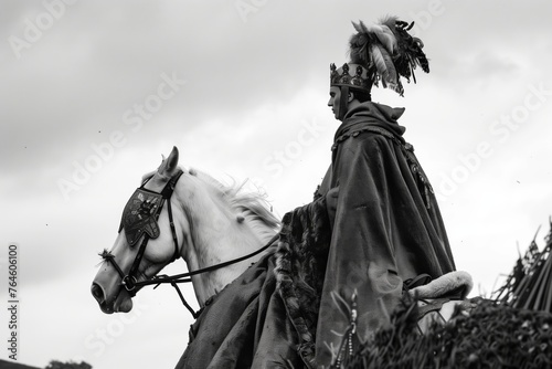 prince on horseback, wearing a cloak and a feathered hat