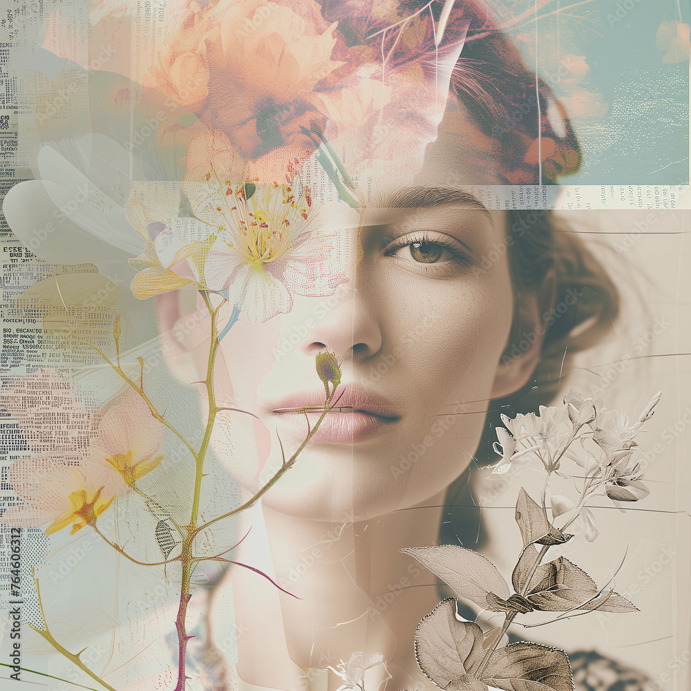 Fototapeta premium Retro art collage, fashion woman and floral elements botanical elements