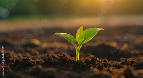 Young plant growing on the ground with raindrops. Save the world environment concept. photo