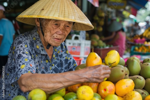 senior with conical hat selling fruits at a street market