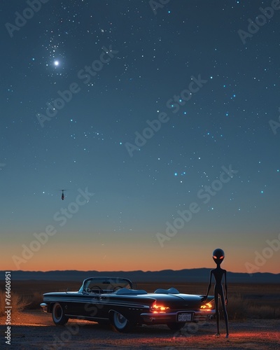 A minimalist, abstract art piece focusing on the silhouette of an elegant, slender alien figure refueling a classic convertible car, set against a stark, contrasting background of a vast, open desert 