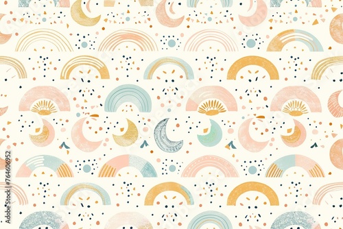 Kids boho seamless pattern. Pastel colors, gender neutral. Applicable for fabric print, textile, wrapping paper, wallpaper. Cute baby texture, repeatable, bohemian style. Nordic design.
