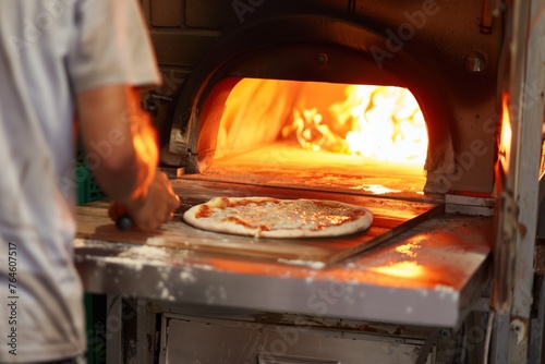 vendor baking pizza in mobile woodfired oven photo