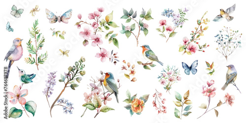 Wallpaper Mural Set of watercolor flowers, birds, butterflies on a white background. Torontodigital.ca