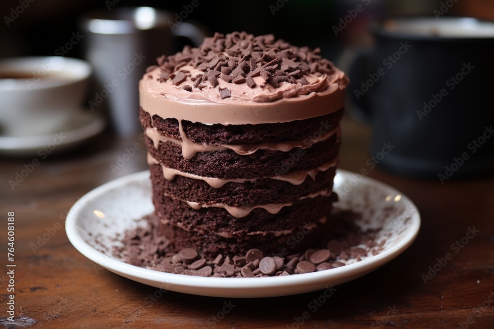 Multi-layered chocolate cake with creamy frosting and chocolate chip topping on a rustic wooden table with coffee in the background Multi-layered chocolate cake with creamy frosting and chocolate chip topping on a rustic wooden table with coffee in the background