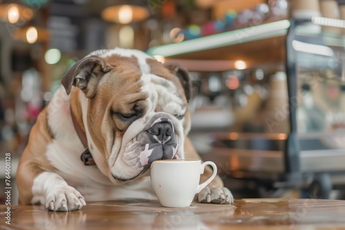 bulldog with a bowtie sipping a latte at a coffee shop