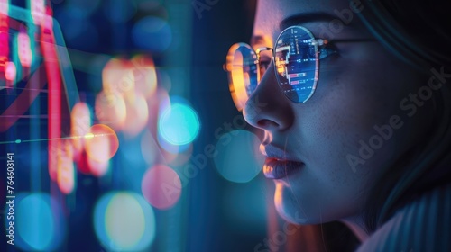 Beautiful young woman wearing glasses is looking at crypto analysis on the screen. Reflection of the graphics on the screen on her glasses.