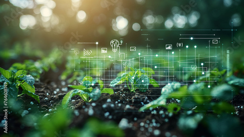 agricultural technology concept with plants in soil with futuristic digital agriculture icons, symbolizing advanced farming technology. Represent modern agricultural innovations and modern farming