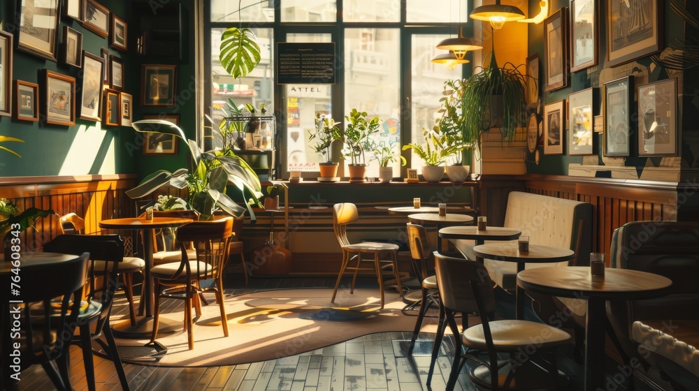 The golden hour sun filters through a café window, illuminating a collection of plants and a wall adorned with framed pictures, creating a tranquil urban oasis.